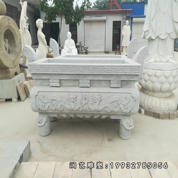 双龙戏珠浮雕香炉 大理石四足方形香炉石雕