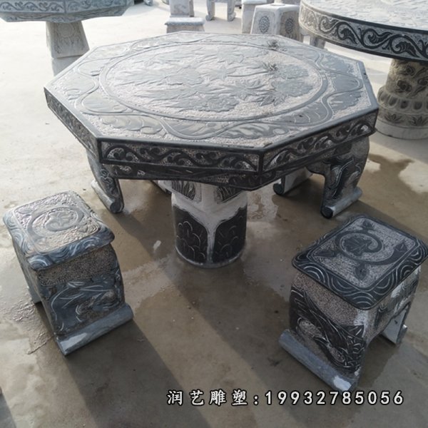 青石牡丹花浮雕桌凳庭院仿古桌凳石雕