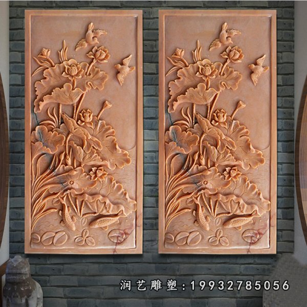 荷花鲤鱼浮雕壁画,公园景观石浮雕