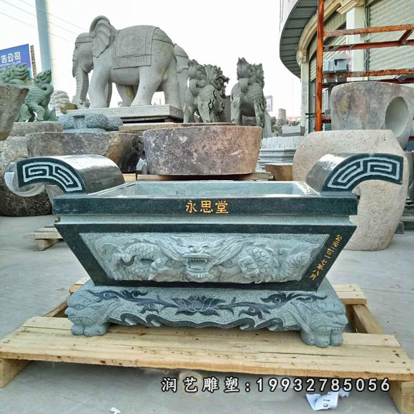龙浮雕香炉 四足方形祭祀香炉石雕 (4)