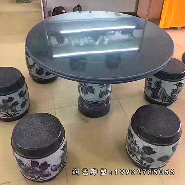 凤凰牡丹浮雕桌凳,公园石雕圆桌凳 (5)