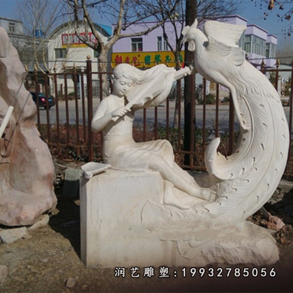 坐在凤凰上拉小提琴的女孩石雕,公园景观石雕