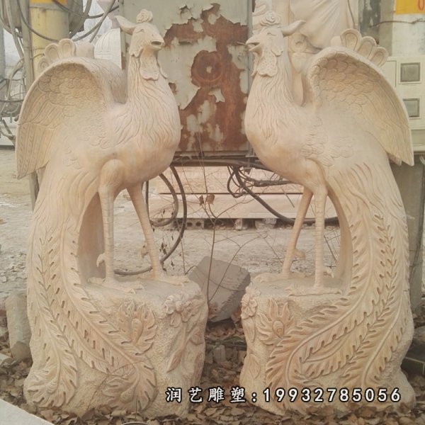 晚霞红凤凰石雕,公园动物景观石雕