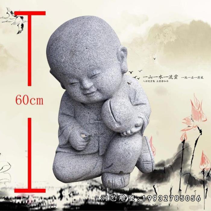 青石敲木鱼小和尚 石雕寺庙人像雕塑