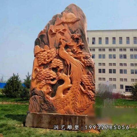 晚霞红凤凰浮雕石雕