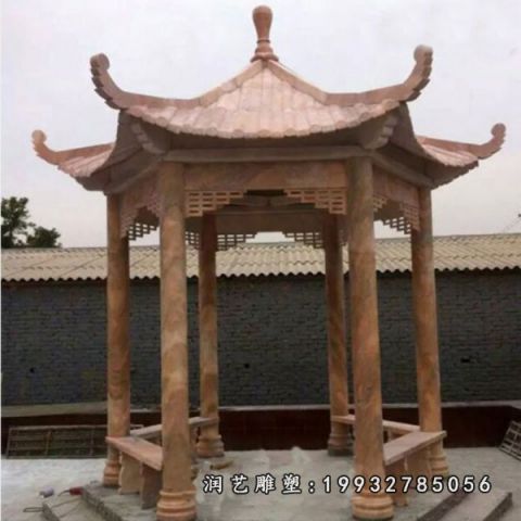 公园晚霞红六角凉亭石雕